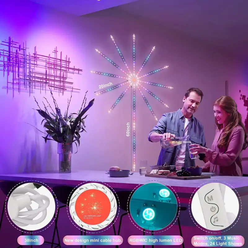 Instalatie Artificii LED Smart, RGB Muzica, telecomanda si control din smartphone, multicolor