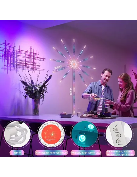 Instalatie Artificii LED Smart, RGB Muzica, telecomanda si control din smartphone, multicolor