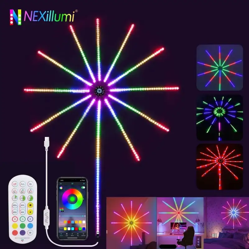 Instalatie Artificii LED Smart, RGB Muzica, telecomanda si control din smartphone, multicolor