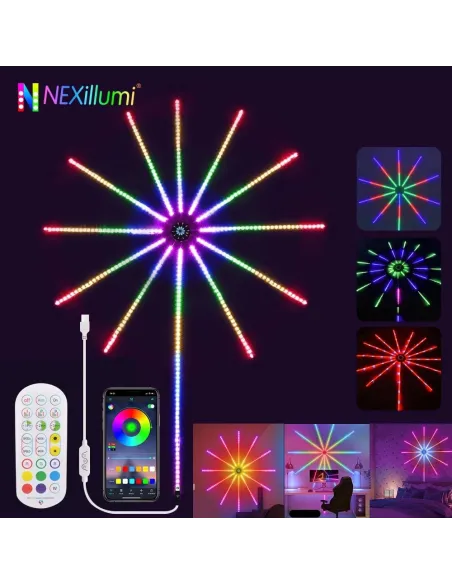 Instalatie Artificii LED Smart, RGB Muzica, telecomanda si control din smartphone, multicolor