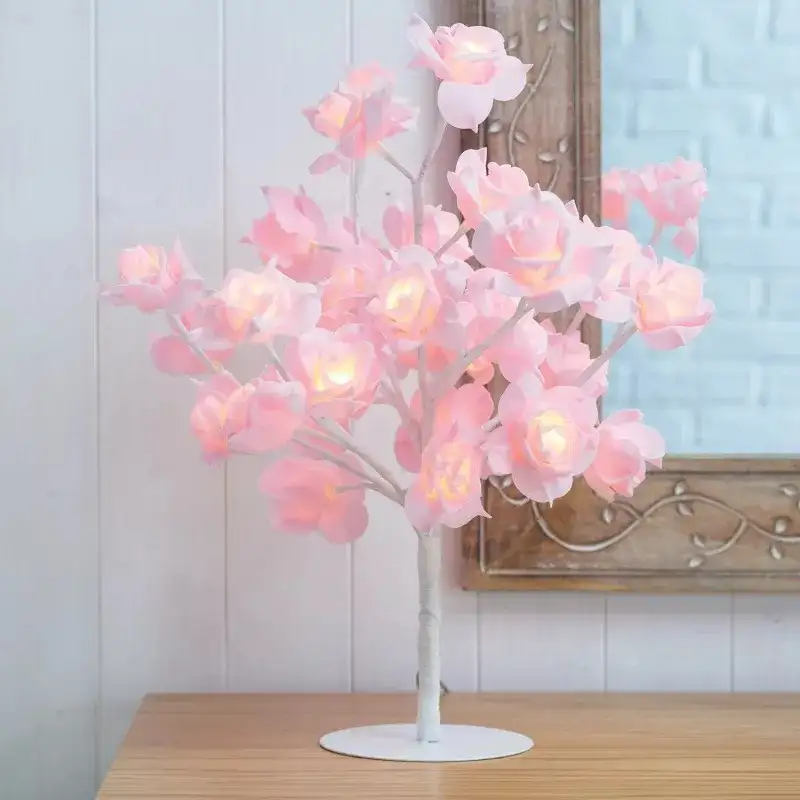 Veioza trandafir cu 24 de leduri, alb/crem, 45 cm