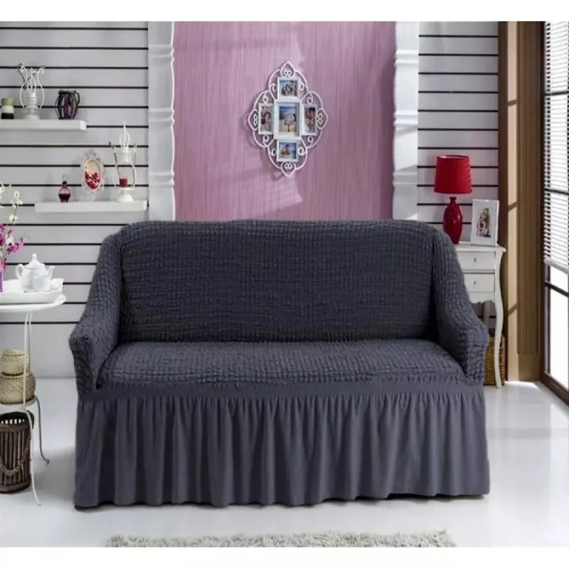 Husa cu volane, elastica si creponata, pentru canapea cu 2 locuri-Gri