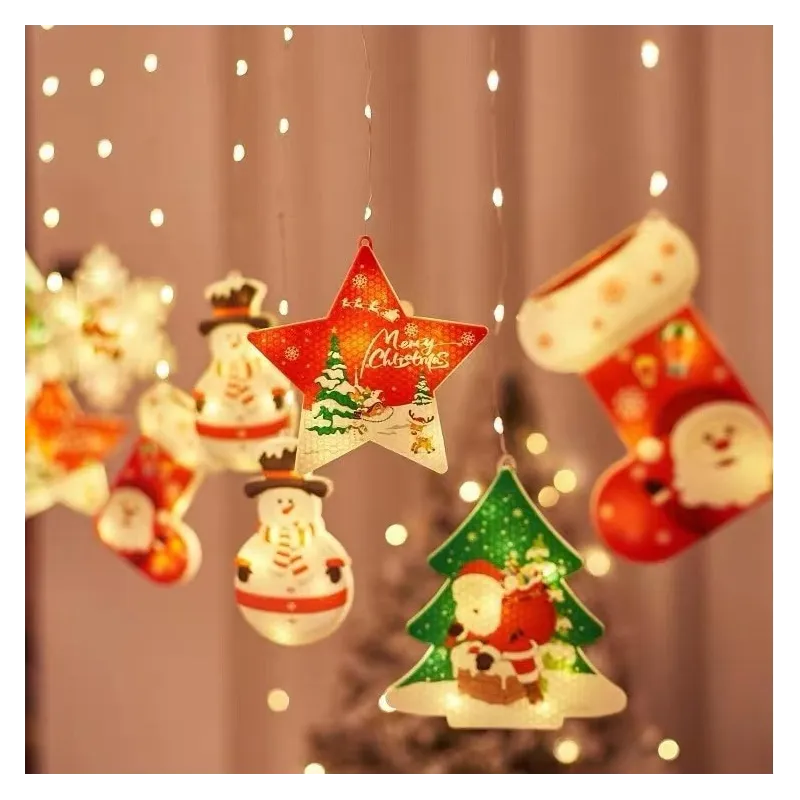 Perdea LED Crăciun 3x1m – 10 Figurine (Stea, Fulg de Nea, Moș), Multicolor, Interconectabilă