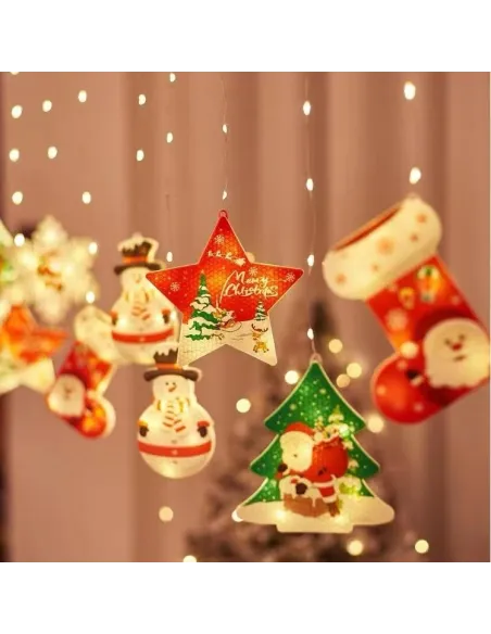 Perdea LED Crăciun 3x1m – 10 Figurine (Stea, Fulg de Nea, Moș), Multicolor, Interconectabilă