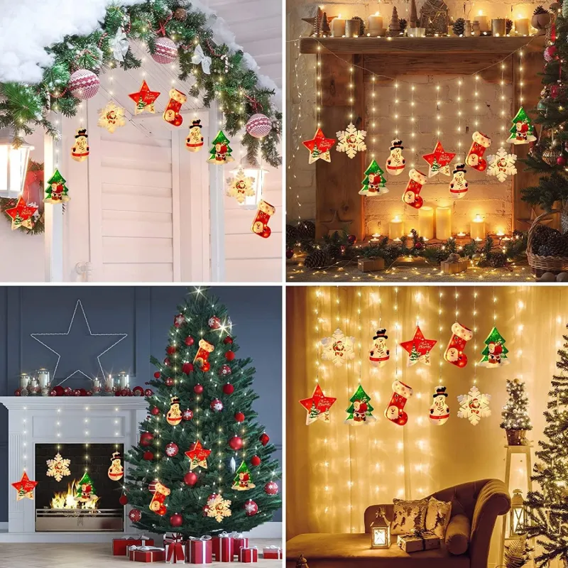 Perdea LED Crăciun 3x1m – 10 Figurine (Stea, Fulg de Nea, Moș), Multicolor, Interconectabilă