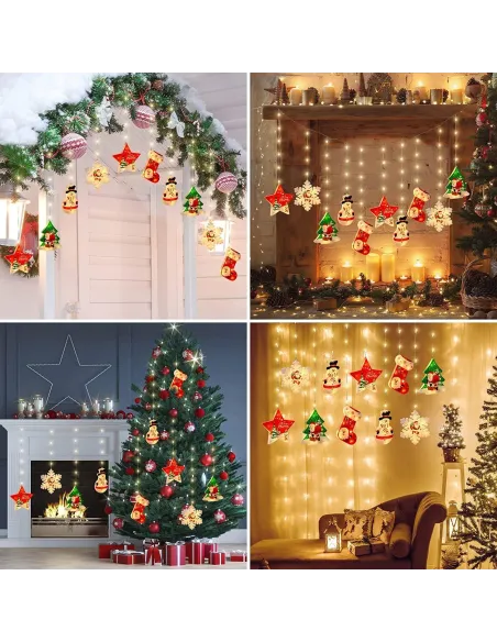 Perdea LED Crăciun 3x1m – 10 Figurine (Stea, Fulg de Nea, Moș), Multicolor, Interconectabilă
