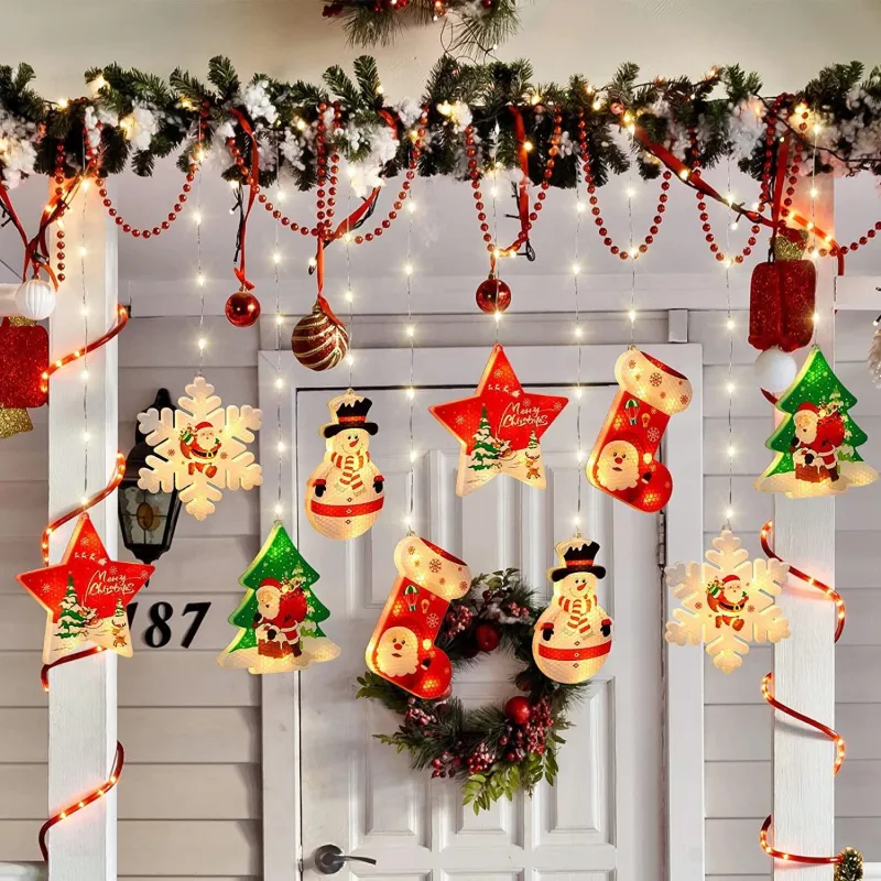 Perdea LED Crăciun 3x1m – 10 Figurine (Stea, Fulg de Nea, Moș), Multicolor, Interconectabilă