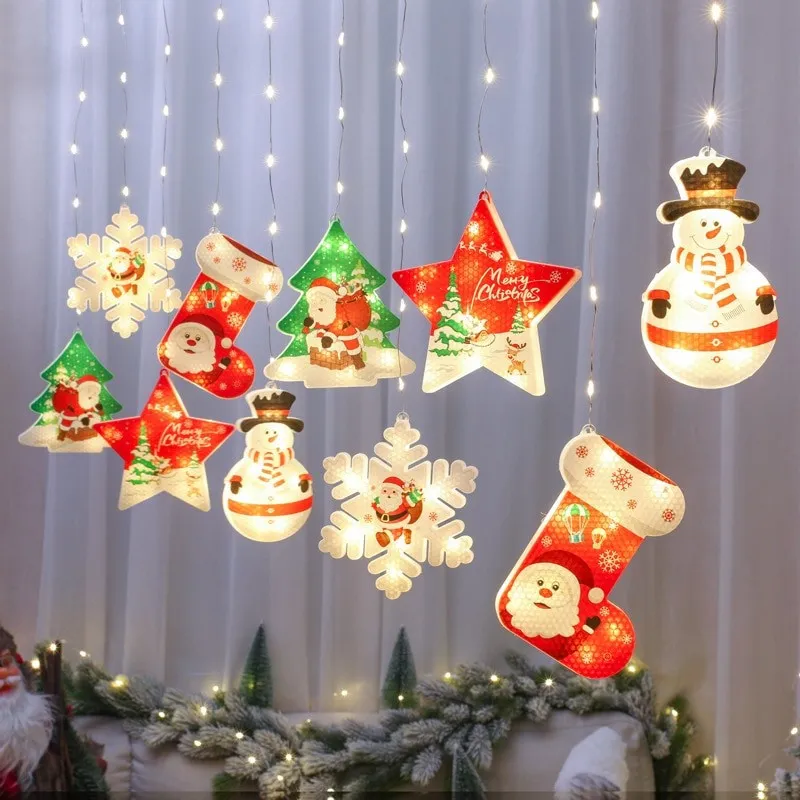 Perdea LED de Crăciun 3 metri, cu 10 figurine festive: Stea, Fulg de Nea și Moș. Disponibilă alb cald sau multicolor, interconec