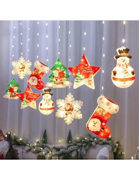 Perdea LED de Crăciun 3 metri, cu 10 figurine festive: Stea, Fulg de Nea și Moș. Disponibilă alb cald sau multicolor, interconec