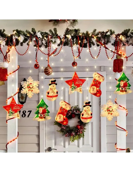 Perdea LED de Crăciun 3 metri, cu 10 figurine festive: Stea, Fulg de Nea și Moș. Disponibilă alb cald sau multicolor, interconec