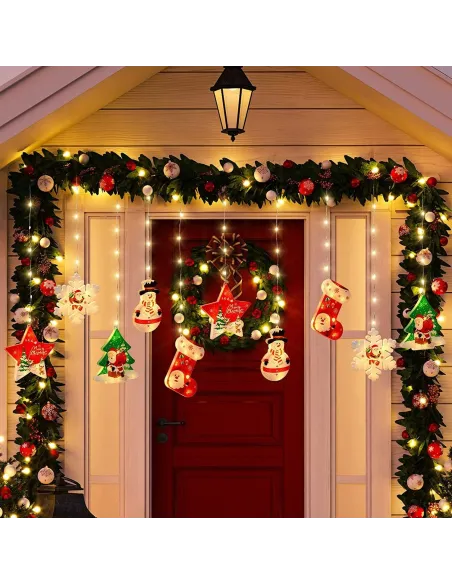 Perdea LED de Crăciun 3 metri, cu 10 figurine festive: Stea, Fulg de Nea și Moș. Disponibilă alb cald sau multicolor, interconec