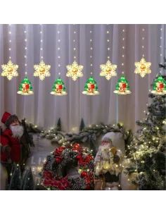 Instalatie perdea 3M, Crăciun, LED, Fulgi si Braduti, 10 decoratiuni, interconectabila, IP44