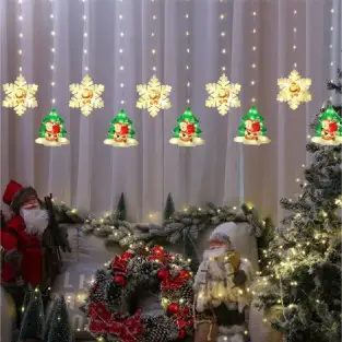 Instalatie perdea 3M, Crăciun, LED, Fulgi si Braduti, 10 decoratiuni, interconectabila, IP44