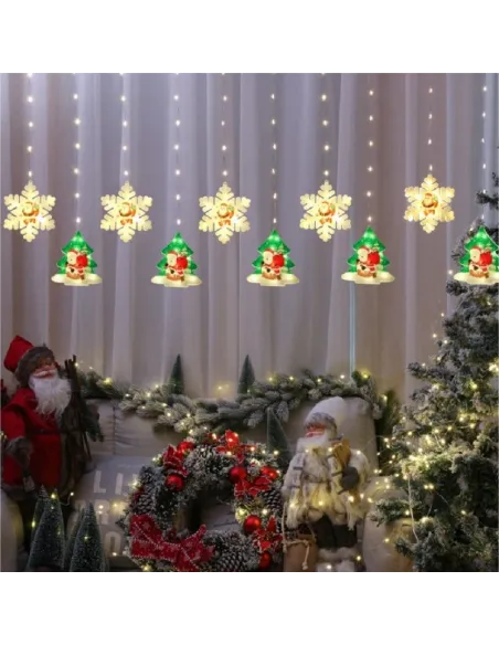Instalatie perdea 3M, Crăciun, LED, Fulgi si Braduti, 10 decoratiuni, interconectabila, IP44