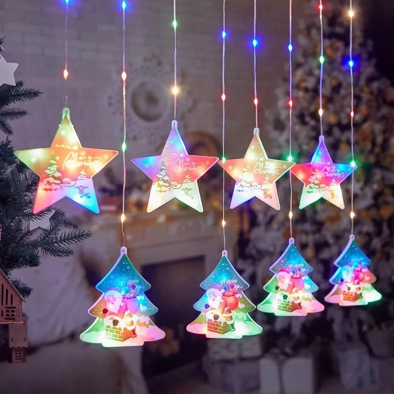 Perdea de Crăciun LED, 3M, stele si braduti, interconectabila, IP44