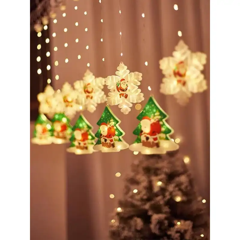 Instalatie perdea 3M, Crăciun, LED, Fulgi si Braduti, 10 decoratiuni, interconectabila, IP44