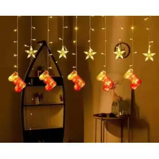 Perdea LED Crăciun 3m – 10 Figurine Ghetuțe & Stele, Interconectabilă, Interior & Exterior, LED Turnat