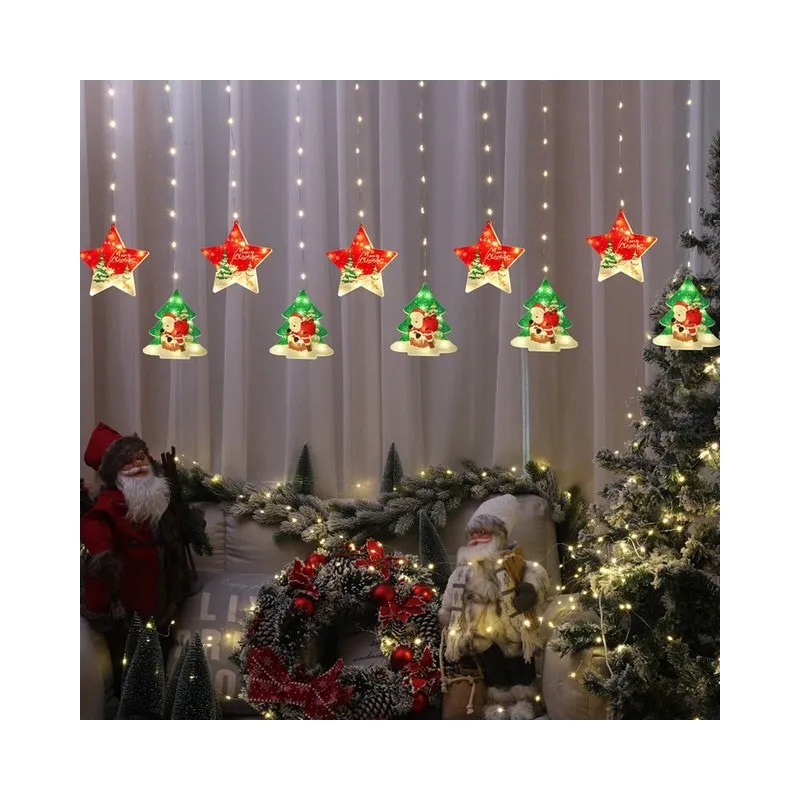 Perdea de Crăciun LED, 3M, stele si braduti, interconectabila, IP44