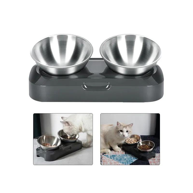 Set 2 boluri inox , pentru hrana animalelor, cu suport si inclinare reglabila