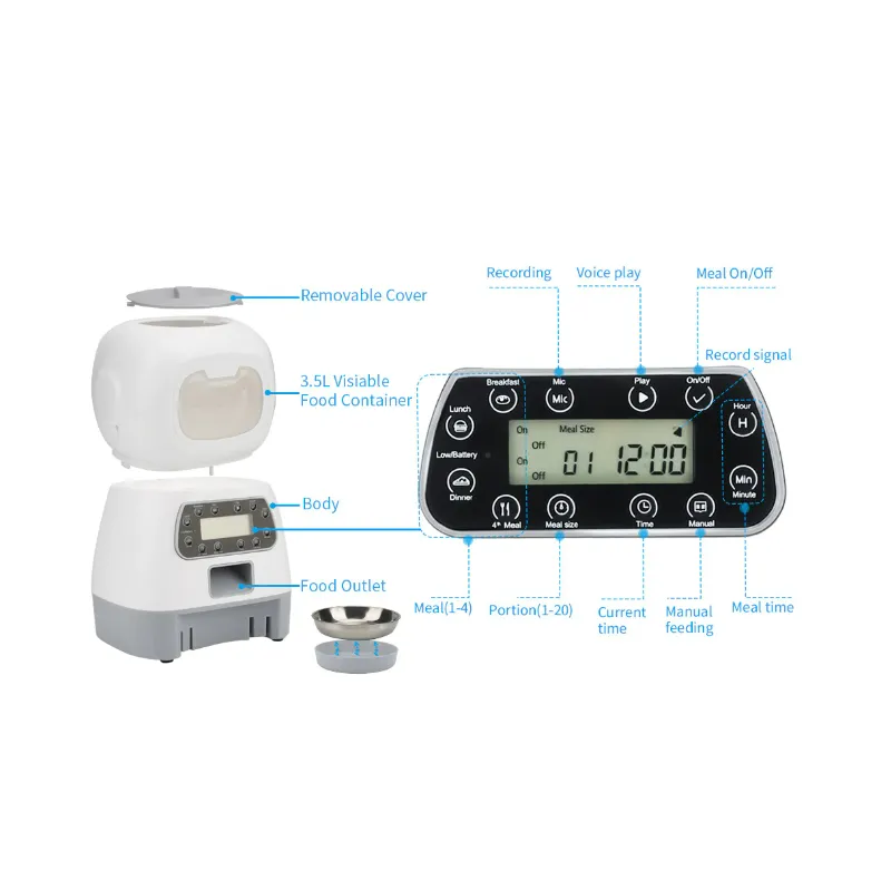 Dispenser automat hrana animalute, Inregistrare vocala, 3.5 L, Alb