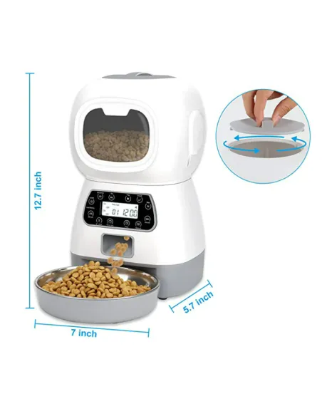 Dispenser automat hrana animalute, Inregistrare vocala, 3.5 L, Alb