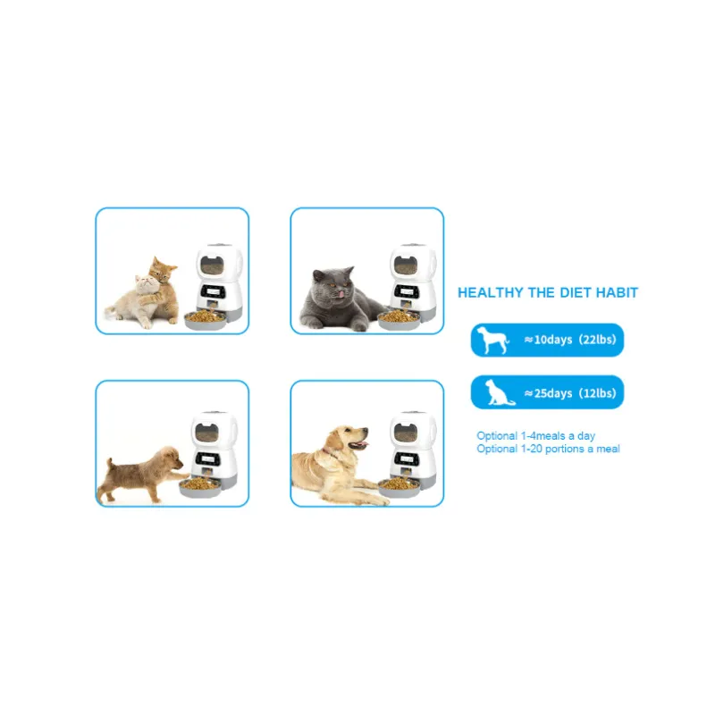 Dispenser automat hrana animalute, Inregistrare vocala, 3.5 L, Alb