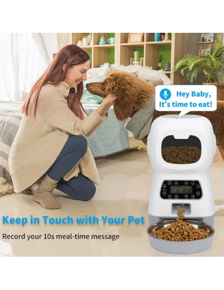 Dispenser automat hrana animalute, Inregistrare vocala, 3.5 L, Alb