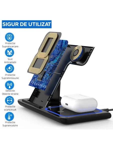 Statie 3 in 1 Qi, Fast Charger 15W, compatibila cu apple watch, airpods, iPhone