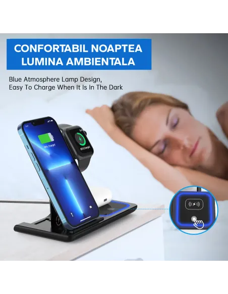 Statie 3 in 1 Qi, Fast Charger 15W, compatibila cu apple watch, airpods, iPhone