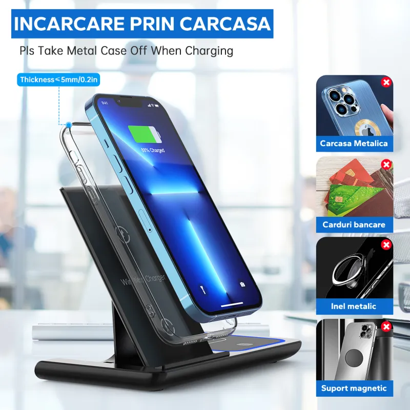 Statie 3 in 1 Qi, Fast Charger 15W, compatibila cu apple watch, airpods, iPhone