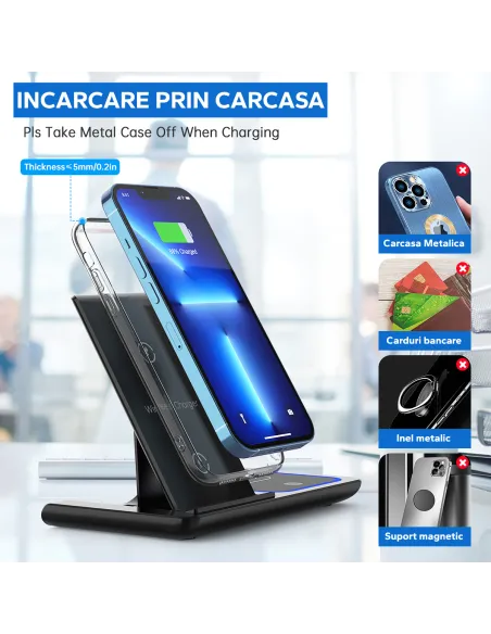 Statie 3 in 1 Qi, Fast Charger 15W, compatibila cu apple watch, airpods, iPhone