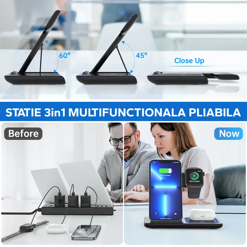 Statie 3 in 1 Qi, Fast Charger 15W, compatibila cu apple watch, airpods, iPhone