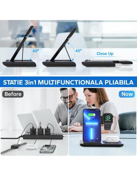 Statie 3 in 1 Qi, Fast Charger 15W, compatibila cu apple watch, airpods, iPhone