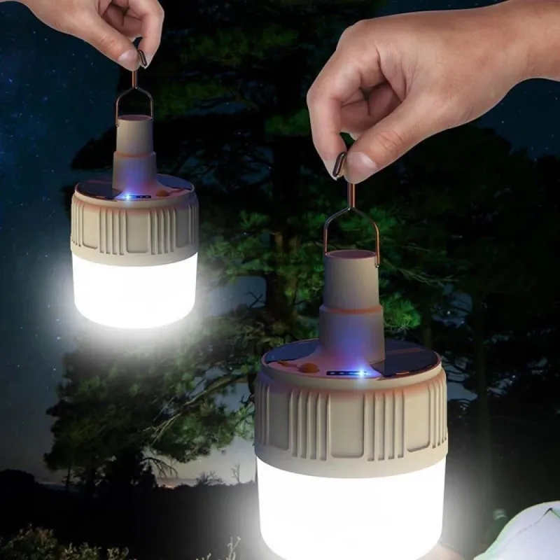 Lampa tip bec cu incarcare solara si USB, 6 moduri de iluminare si carlig pentru agatare, 20W
