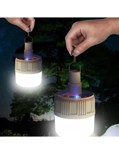 Lampa tip bec cu incarcare solara si USB, 6 moduri de iluminare si carlig pentru agatare, 20W