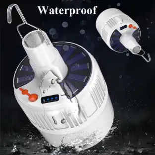 Lampa tip bec cu incarcare solara si USB, 6 moduri de iluminare si carlig pentru agatare, 20W