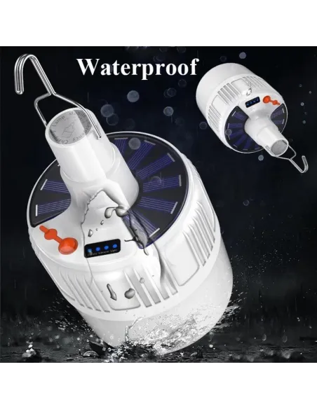 Lampa tip bec cu incarcare solara si USB, 6 moduri de iluminare si carlig pentru agatare, 20W