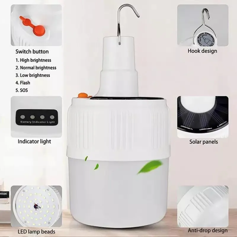 Lampa tip bec cu incarcare solara si USB, 6 moduri de iluminare si carlig pentru agatare, 20W