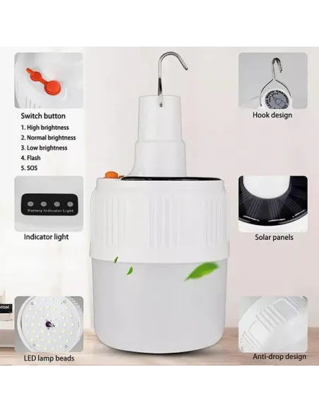 Lampa tip bec cu incarcare solara si USB, 6 moduri de iluminare si carlig pentru agatare, 20W