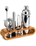 Set Cocktail 10 piese, Suport din bambus, Otel inoxidabil, 550 ml Shaker, Argintiu