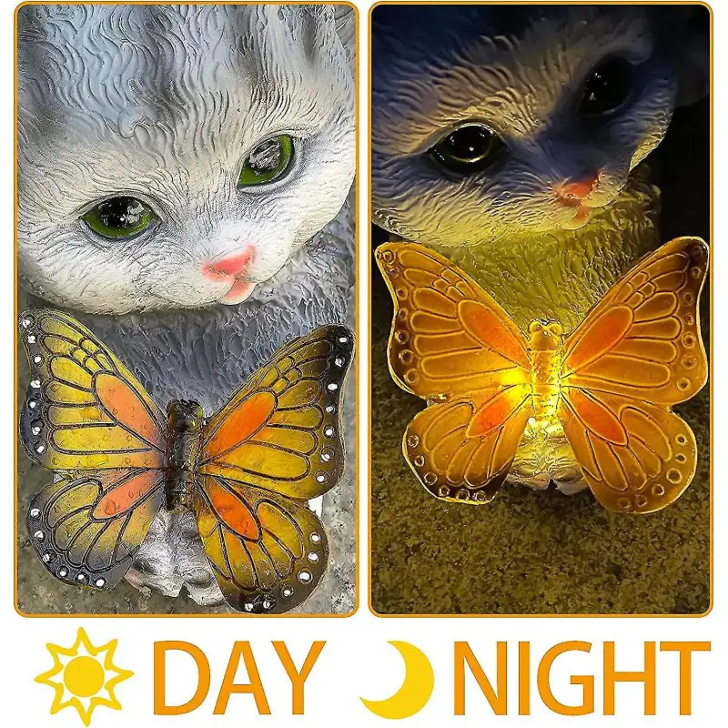 Pisica si fluture solar, decor gradina