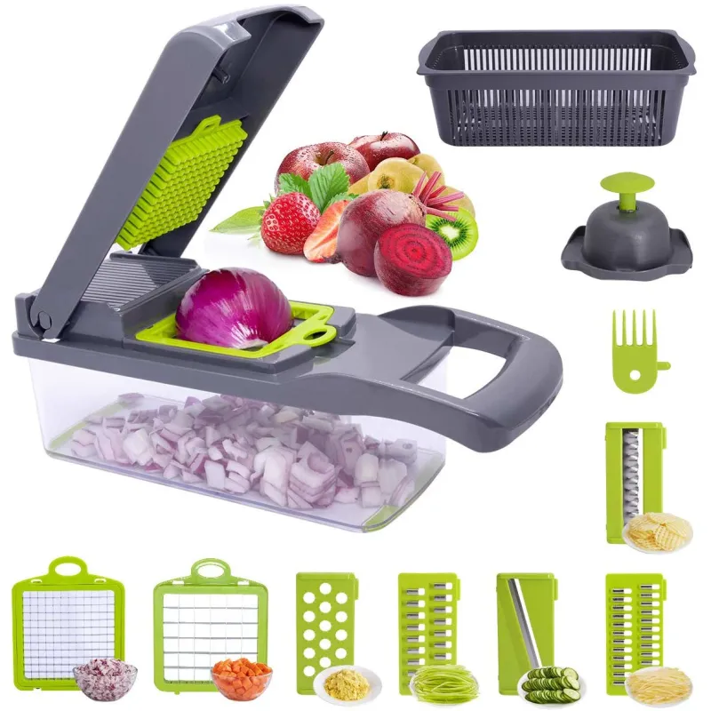Razatoare multifunctionala pentru fructe si legume cu 9 piese, lame inox + maner de protectie