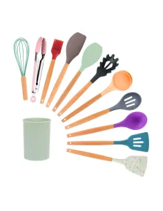 Set x12 ustensile din silicon pentru gatit , cu maner din bambus, culoare multicolor