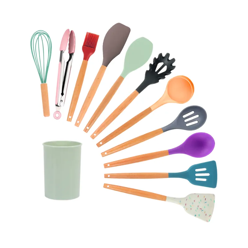 Set x12 ustensile din silicon pentru gatit , cu maner din bambus, culoare multicolor