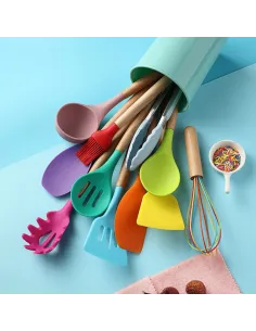 Set x12 ustensile din silicon pentru gatit , cu maner din bambus, culoare multicolor 2
