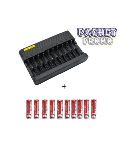 Incarcator + 10 acumulatori reincarcabili 18650, 6800mAh