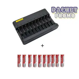 Incarcator + 10 acumulatori reincarcabili 18650, 6800mAh