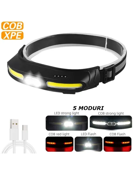 Lanterna de cap , lumina alb -rosu ,5 moduri cu incarcare usb