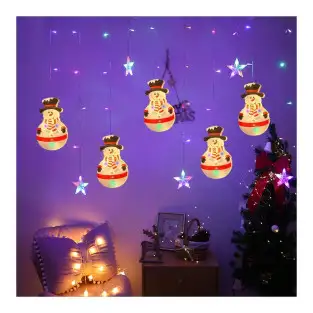 Instalatie perdea cu LED, Om de zapada si Stele 3M, 10 decoratiuni, interconectabila, de exterior/interior