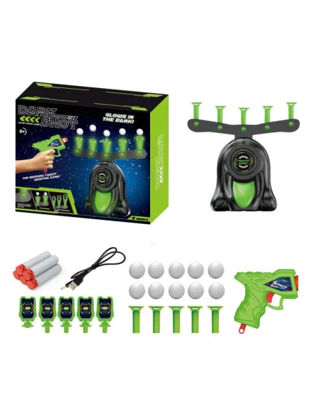 Jucarie zburatoare cu mingii si pistol cu tinte dark shot